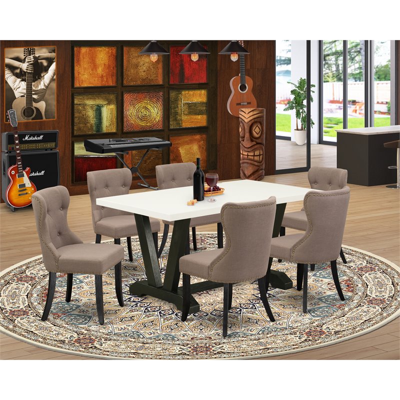 East West Furniture V-Style 7-piece Wood Dining Set in White/Black/Coffee