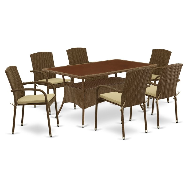 East West Furniture Oslo 7-piece Metal Patio Dining Set with Cushion in Brown