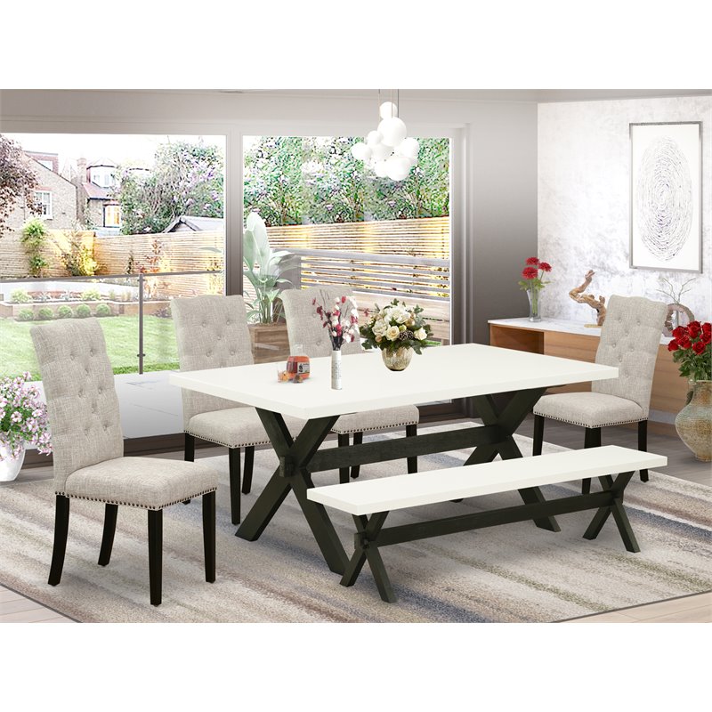 East West Furniture X-Style 6-piece Wood Dining Table Set in Black/Doeskin