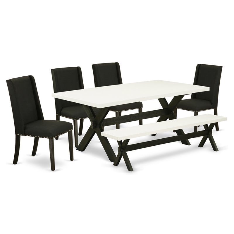 East West Furniture X-Style 6-piece Wood Dining Table Set in Black/Linen White