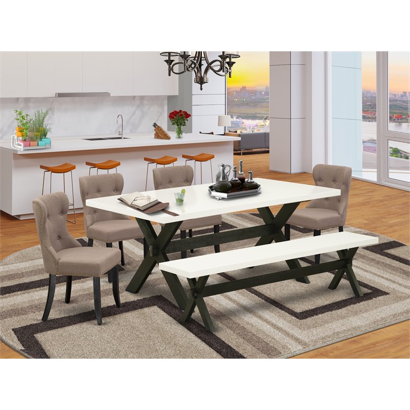 East West Furniture X-Style 6-piece Wood Dining Table Set in Black/Coffee