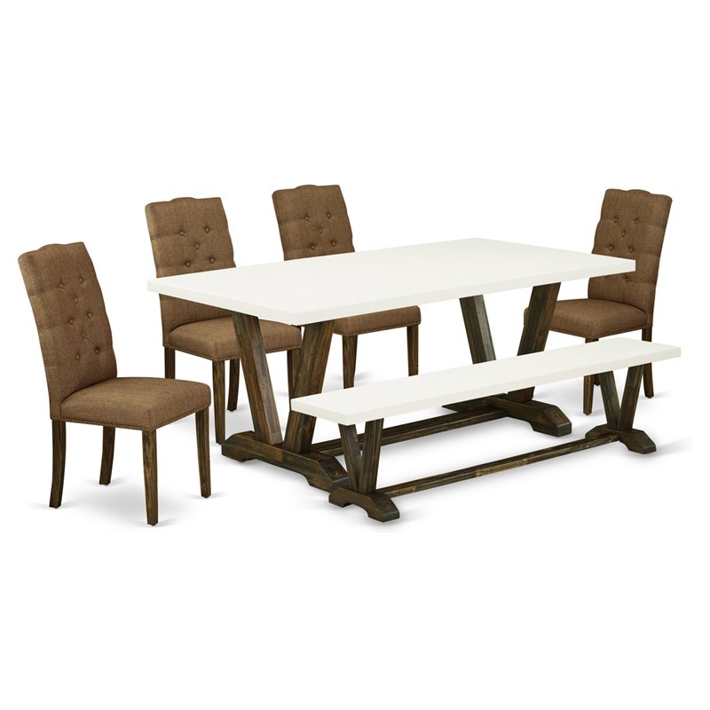East West Furniture V-Style 6-piece Wood Dining Set with Fabric Seat in Brown
