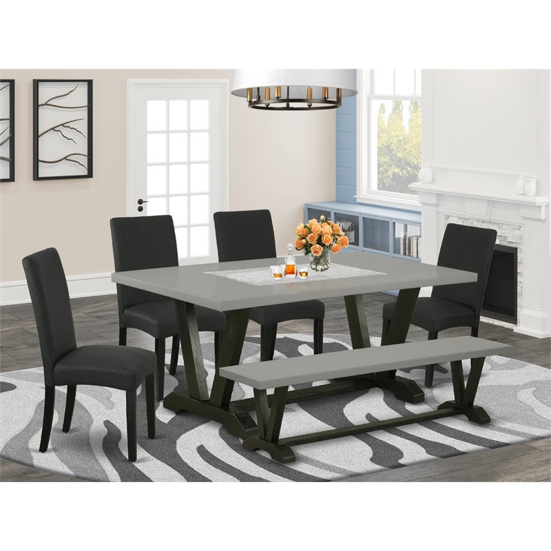 East West Furniture V-Style 6-piece Wood Dining Set in Cement and Black