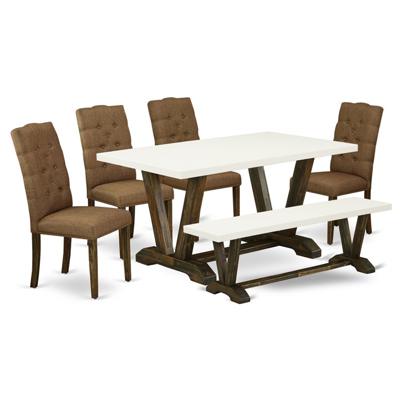 East West Furniture V-Style 6-piece Wood Dining Set in Jacobean/Brown Beige