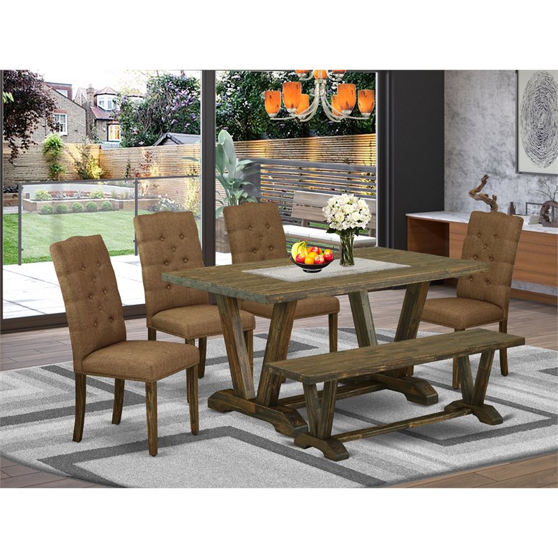 East West Furniture V-Style 6-piece Dining Set with Cushion Seat in Brown