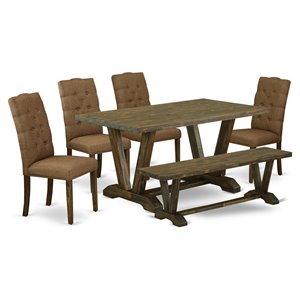 East West Furniture V-Style 6-piece Dining Set with Cushion Seat in Brown