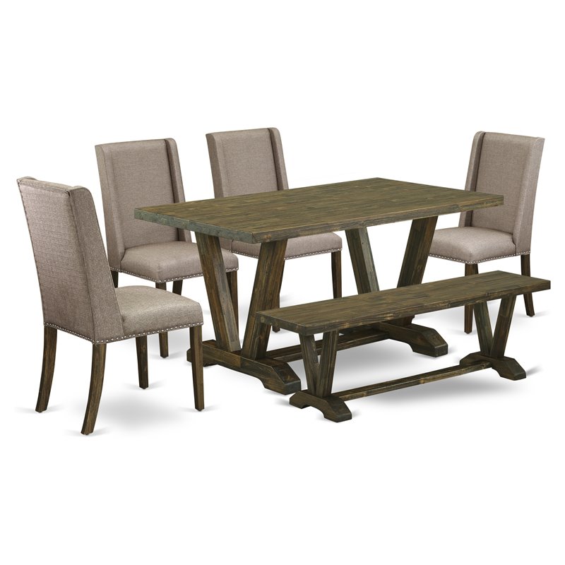 East West Furniture V-Style 6-piece Dining Set with Fabric Chairs in Brown