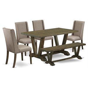 East West Furniture V-Style 6-piece Dining Set with Fabric Chairs in Brown