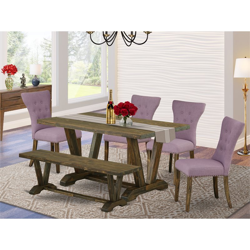East West Furniture V-Style 6-piece Dining Set with Linen Chairs in Brown