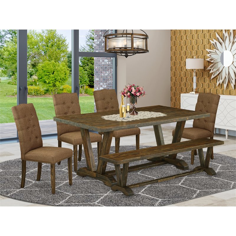 East West Furniture V-Style 6-piece Dining Set with Cushion Chairs in Brown