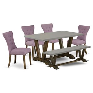 East West Furniture V-Style 6-piece Wood Dining Set in Jacobean Brown/Dahlia