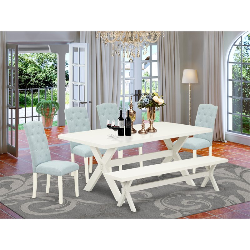 East West Furniture X-Style 6-piece Wood Dining Set in Linen White/Baby Blue