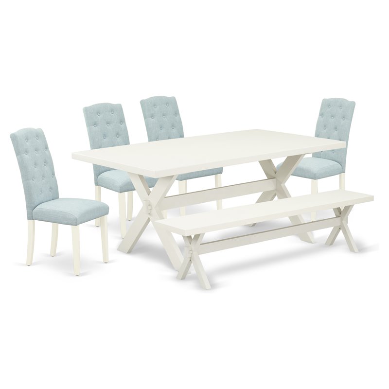 East West Furniture X-Style 6-piece Wood Dining Set in Linen White/Baby Blue