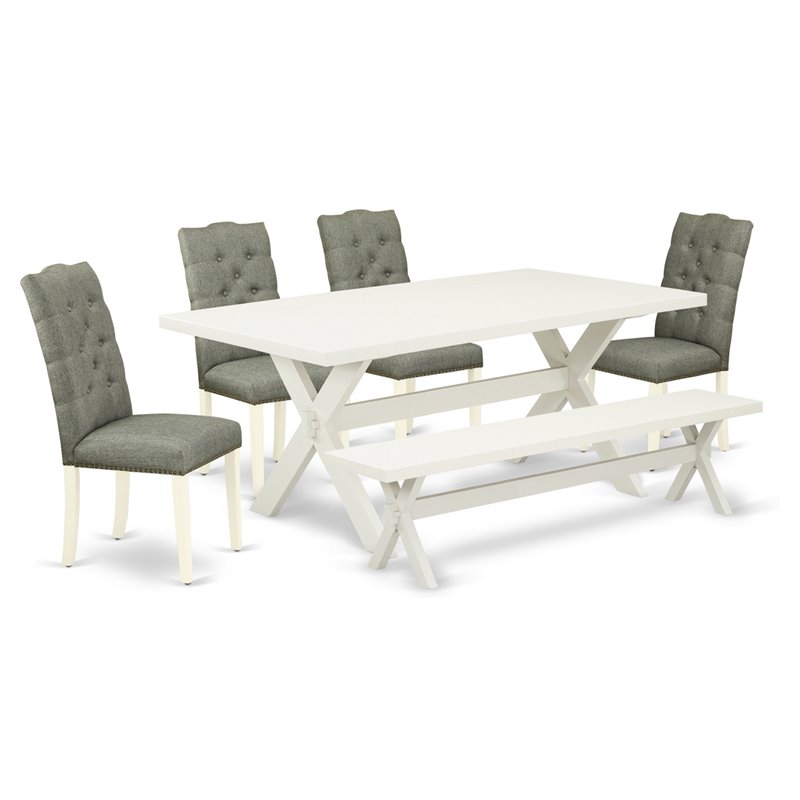 East West Furniture X-Style 6-piece Wood Dining Table Set in Linen White/Smoke