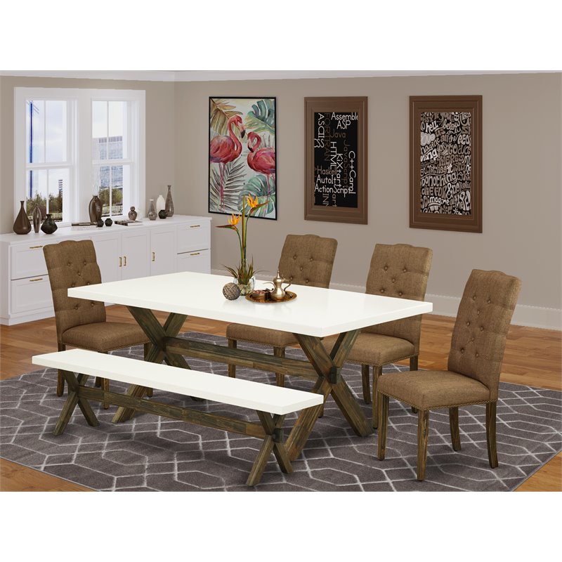 East West Furniture X-Style 6-piece Wood Dinette Room Set in Jacobean Brown