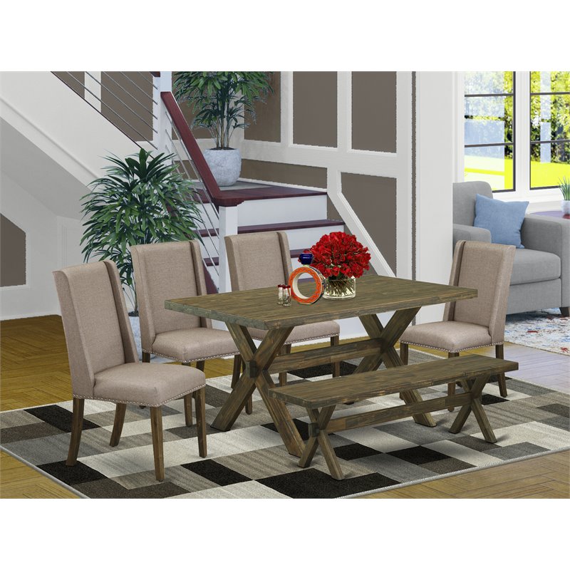 East West Furniture X-Style 6-piece Wood Dining Set in Jacobean Brown/Dark Khaki