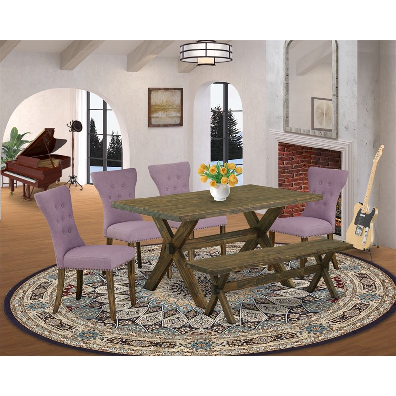 East West Furniture X-Style 6-piece Wood Dining Set in Jacobean Brown/Dahlia