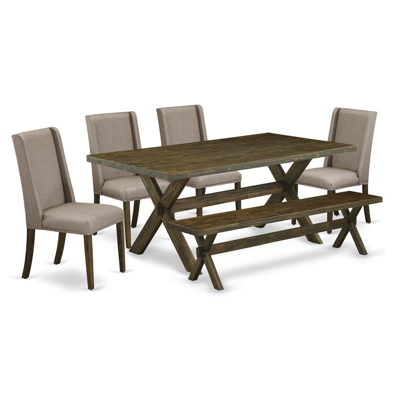 East West Furniture X-Style 6-piece Wood Dining Set in Jacobean Brown/Khaki