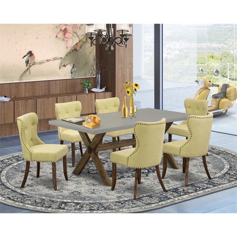 East West Furniture X-Style 7-piece Wood Dining Set with Linen Seat in Brown