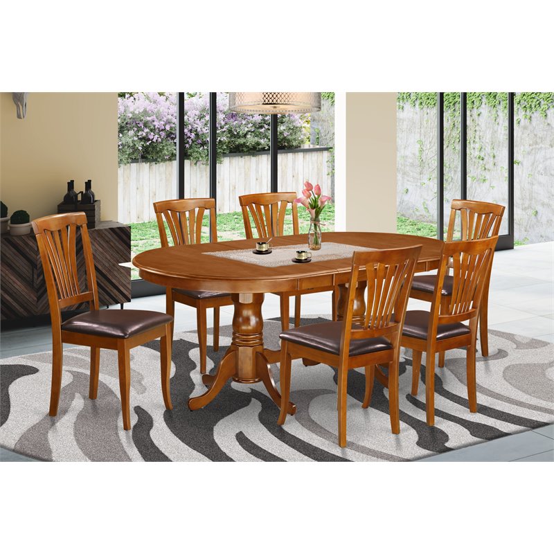 East West Furniture Plainville 7-piece Dining Set with Leather Seat in Brown