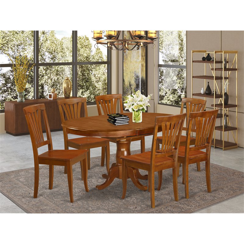 East West Furniture Portland 7-piece Dining Set with Wood Seat in Brown