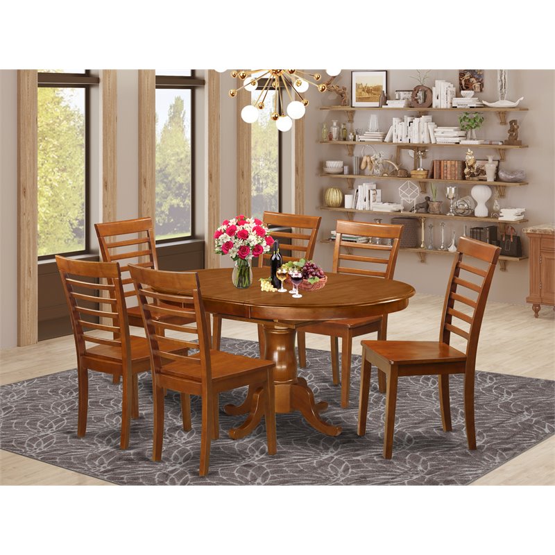 East West Furniture Portland 7-piece Dining Set with Wood Chairs in Brown