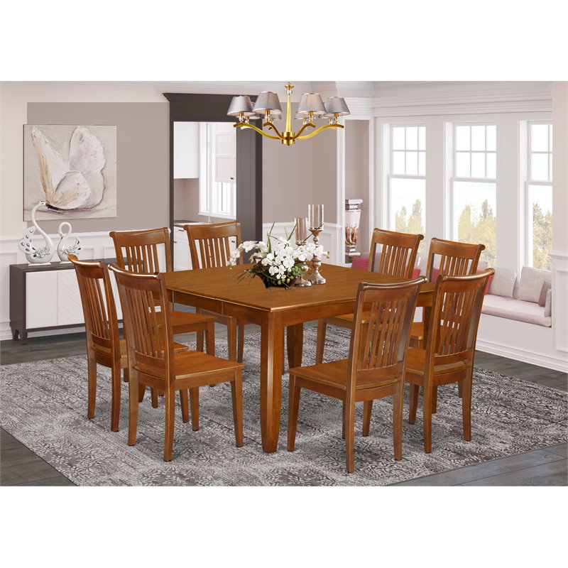 East West Furniture Parfait 9-piece Dining Set with Wood Chairs in Saddle Brown