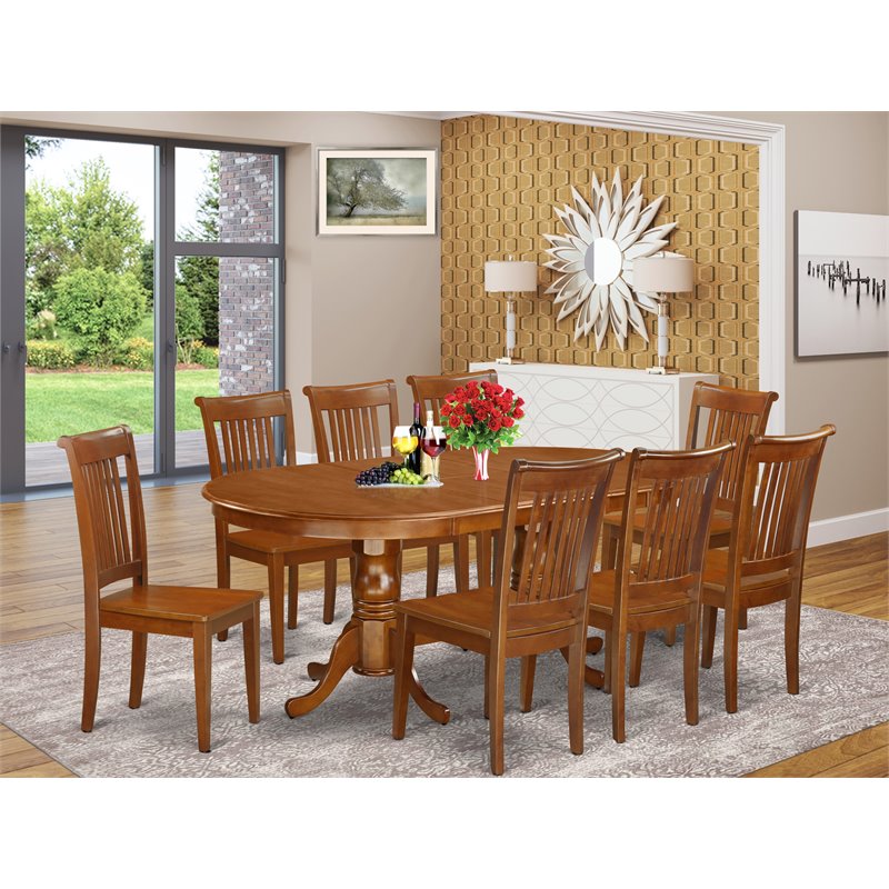 East West Furniture Plainville 9-piece Wood Dining Room Table Set in Brown