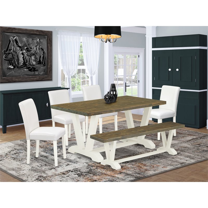 East West Furniture V-Style 6-Piece Wood Dining Set in Linen White/Jacobean
