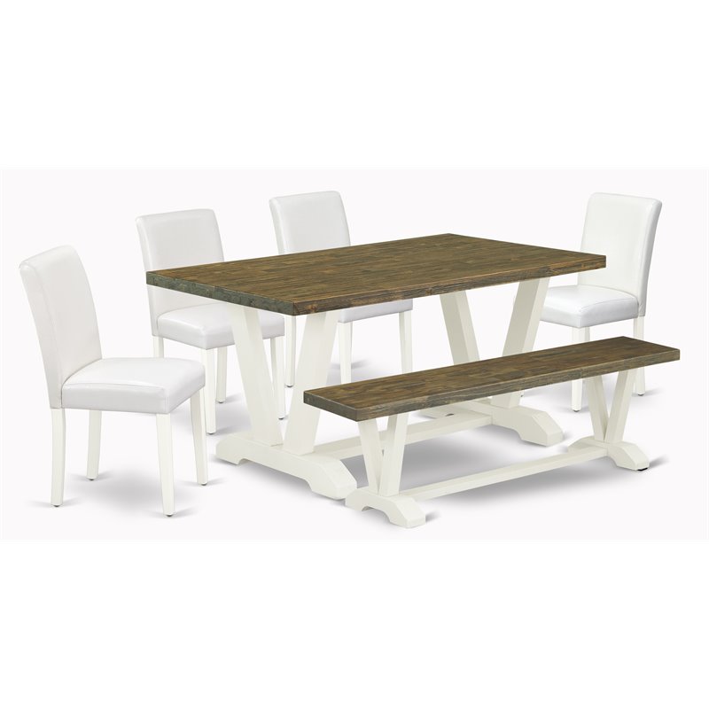 East West Furniture V-Style 6-Piece Wood Dining Set in Linen White/Jacobean