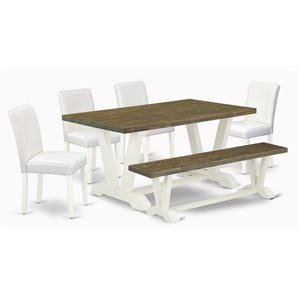 East West Furniture V-Style 6-Piece Wood Dining Set in Linen White/Jacobean