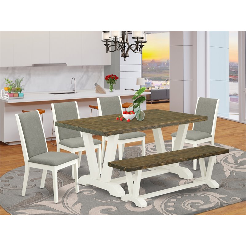 East West Furniture V-Style 6-piece Wood Dining Set in Linen White/Shitake