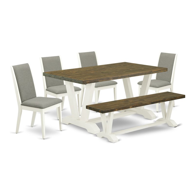 East West Furniture V-Style 6-piece Wood Dining Set in Linen White/Shitake