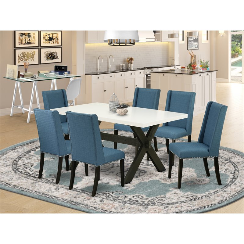 East West Furniture X-Style 7-piece Wood Dining Table Set in Black/Mineral Blue