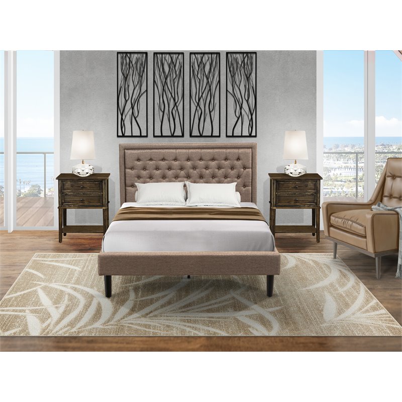 East West Furniture 3-piece Wood Queen Bedroom Set in Dark Khaki Brown/Black