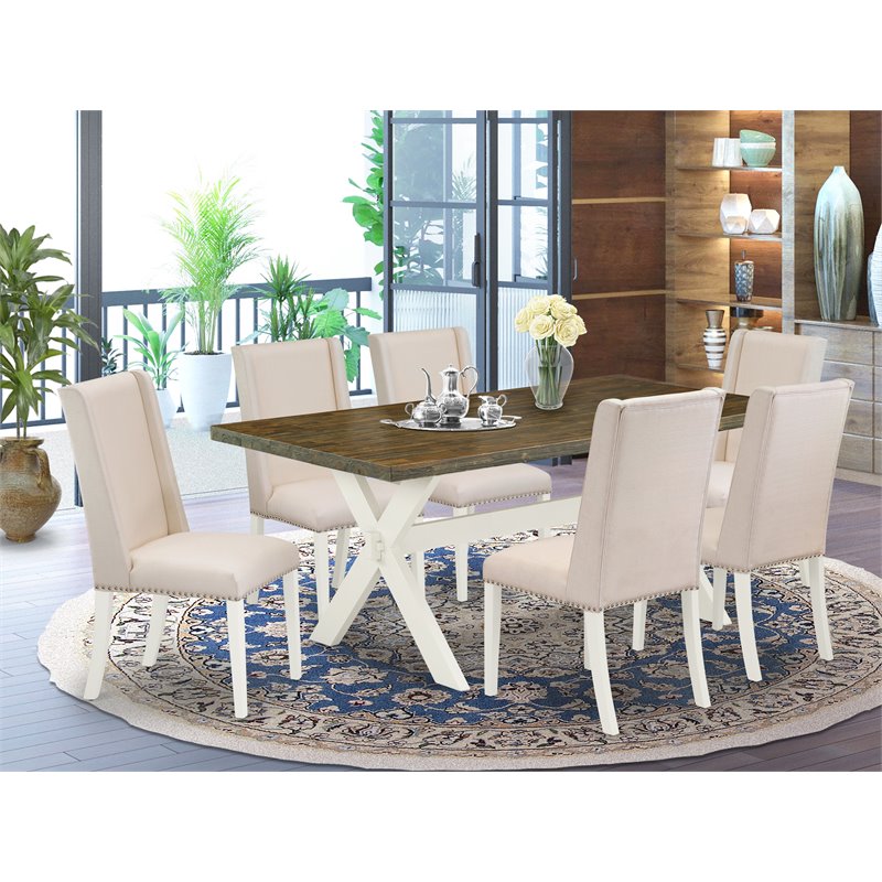East West Furniture X-Style 7-piece Wood Dining Room Table Set in Cream