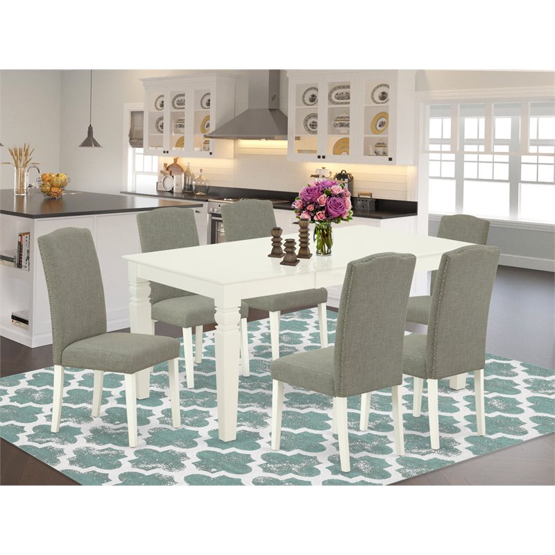 East West Furniture Weston 7-piece Wood Dining Set in Linen White/Dark Shitake