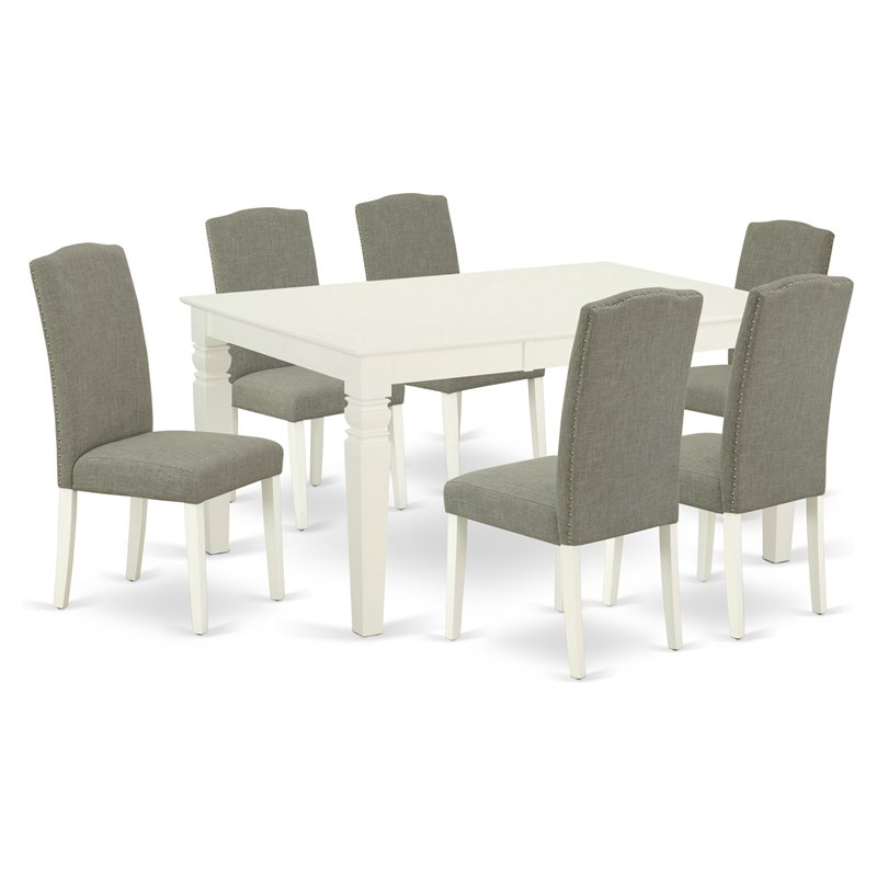 East West Furniture Weston 7-piece Wood Dining Set in Linen White/Dark Shitake