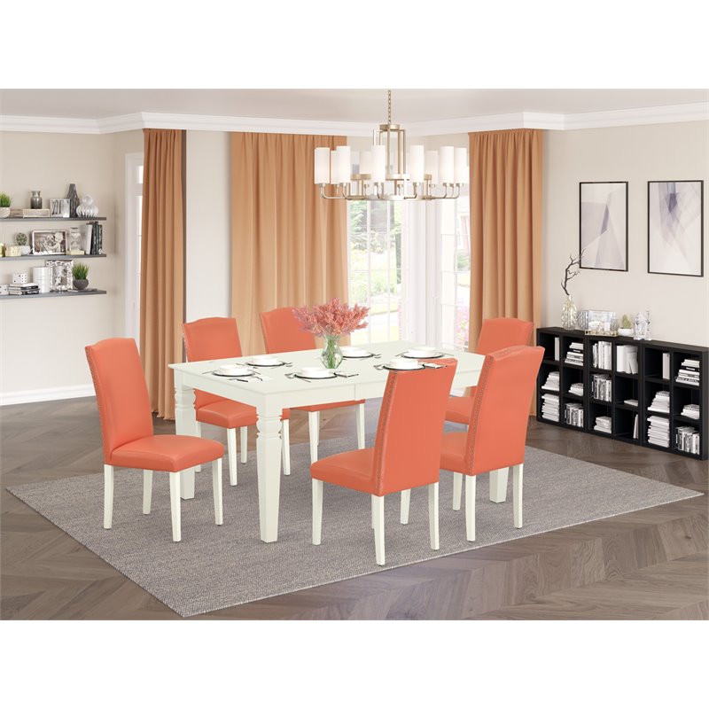 East West Furniture Weston 7-piece Wood Dining Set in Linen White/Pink Flamingo