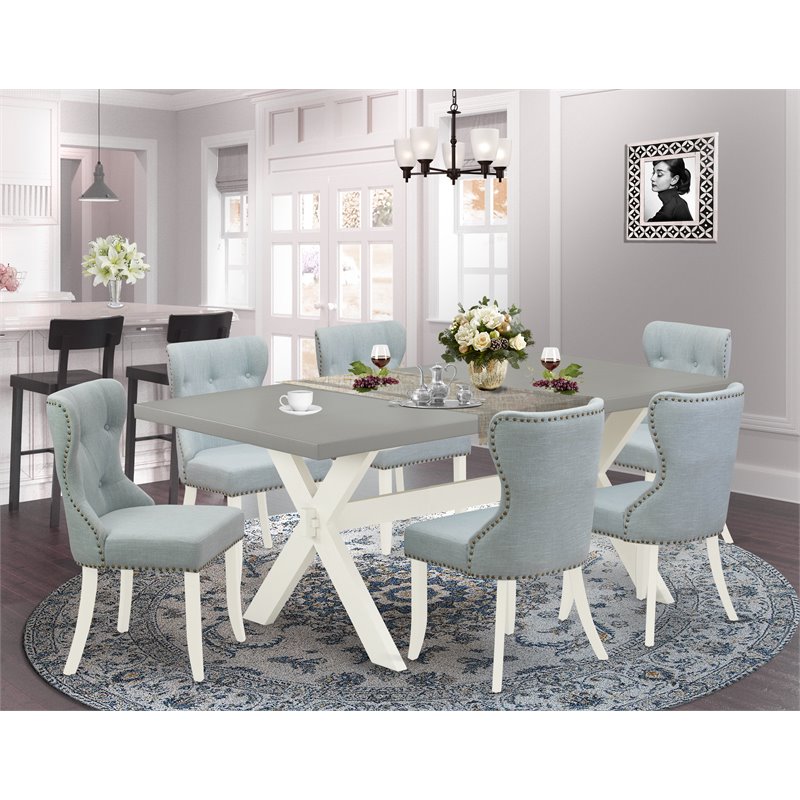 East West Furniture X-Style 7-piece Wood Dining Set in White/Cement/Blue
