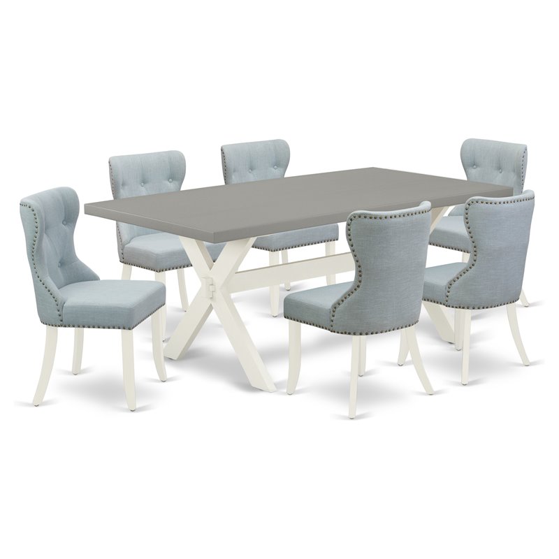 East West Furniture X-Style 7-piece Wood Dining Set in White/Cement/Blue