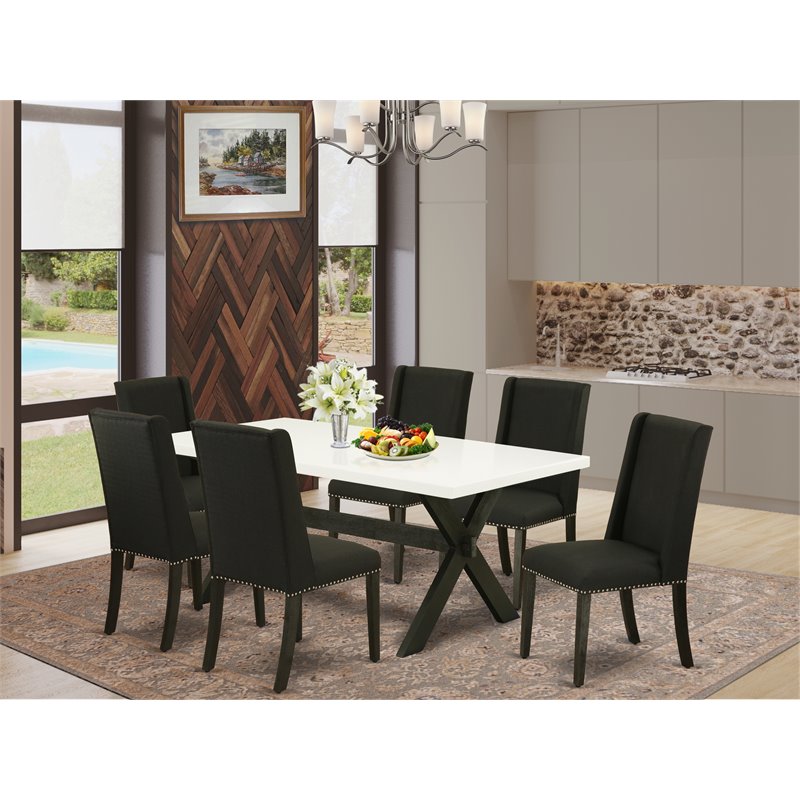 East West Furniture X-Style 7-piece Wood Dining Room Set w/ Fabric Seat in Black