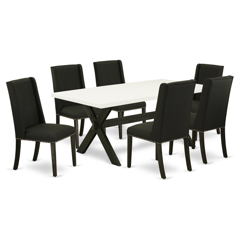 East West Furniture X-Style 7-piece Wood Dining Room Set w/ Fabric Seat in Black