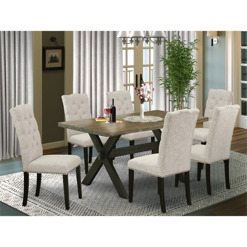 East West Furniture X-Style 7-piece Wood Dining Table Set in Dark Khaki Brown