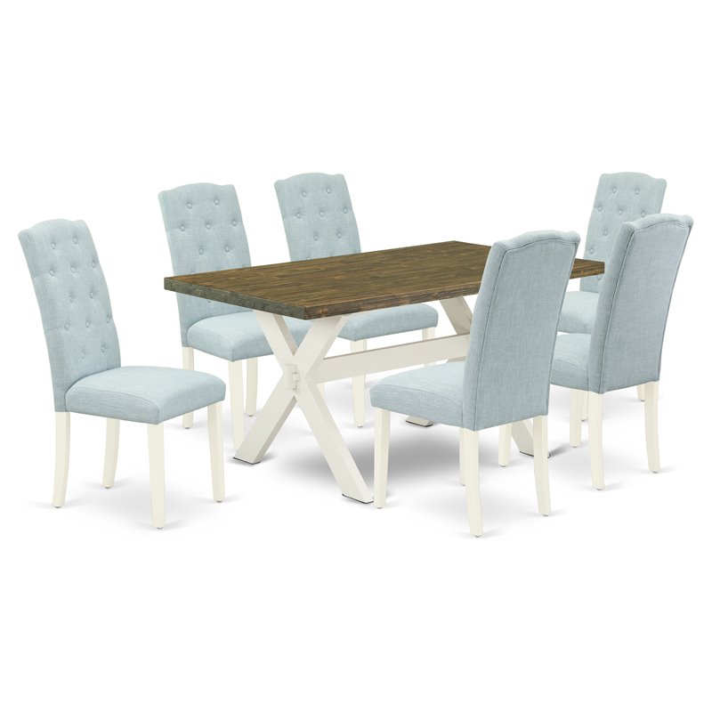 East West Furniture X-Style 7-piece Wood Dining Room Set in White/Baby Blue