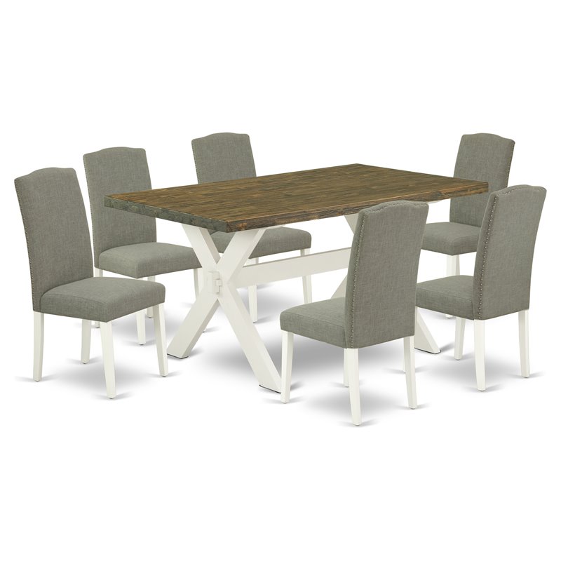 East West Furniture X-Style 7-piece Wood Dining Set in Linen White/Dark Shitake