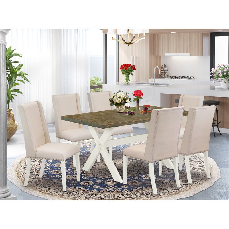 East West Furniture X-Style 7-piece Wood Dining Set in White/Cream/Jacobean