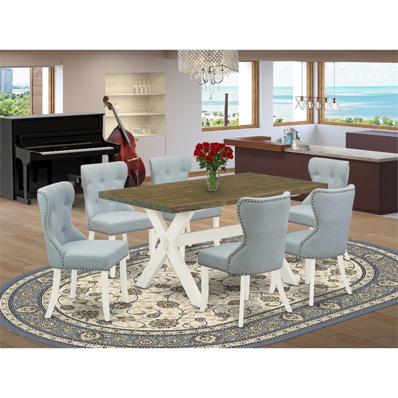 East West Furniture X-Style 7-piece Wood Dining Set in White/Baby Blue/Jacobean