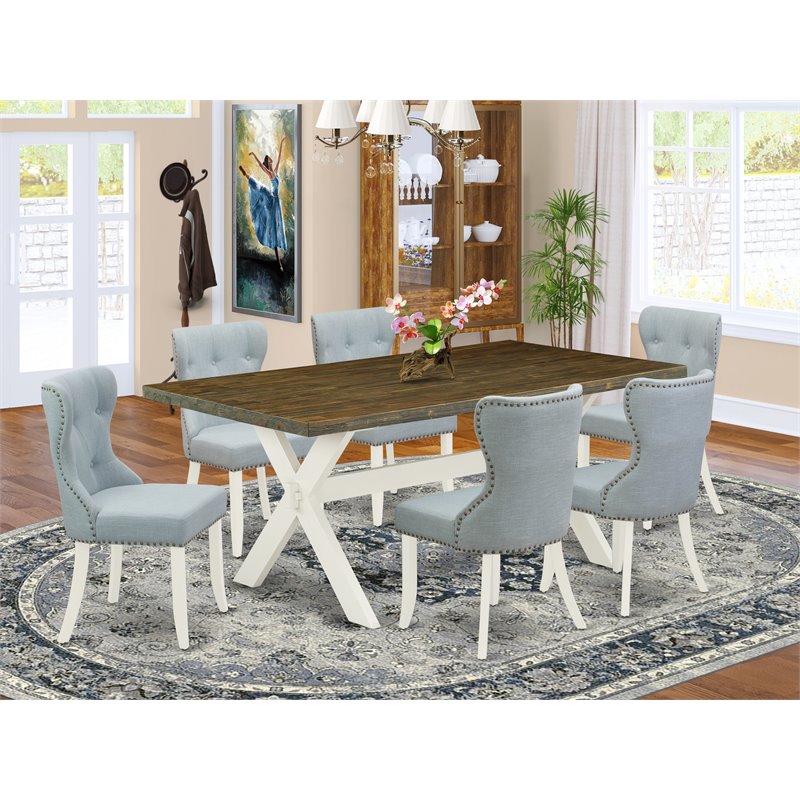 East West Furniture X-Style 7-piece Wood Dining Set in Linen White/Blue/Jacobean