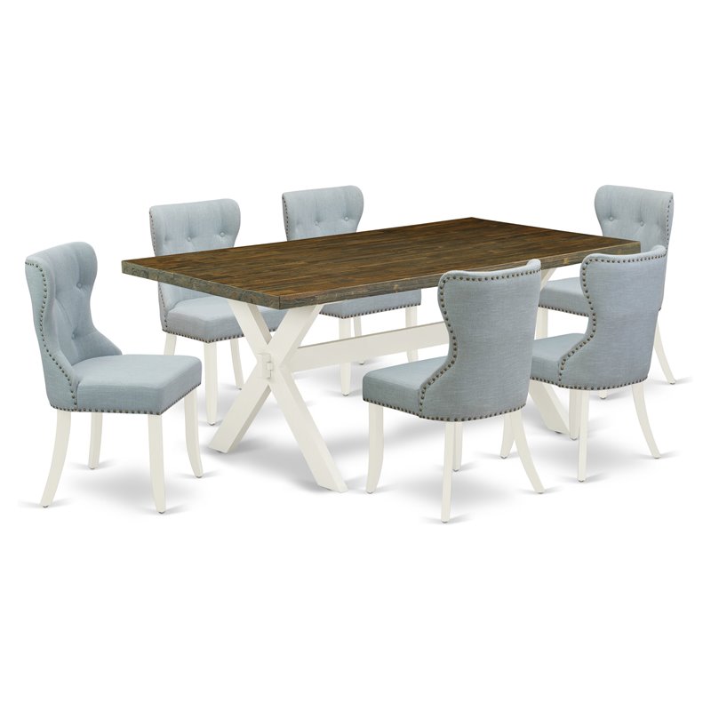 East West Furniture X-Style 7-piece Wood Dining Set in Linen White/Blue/Jacobean